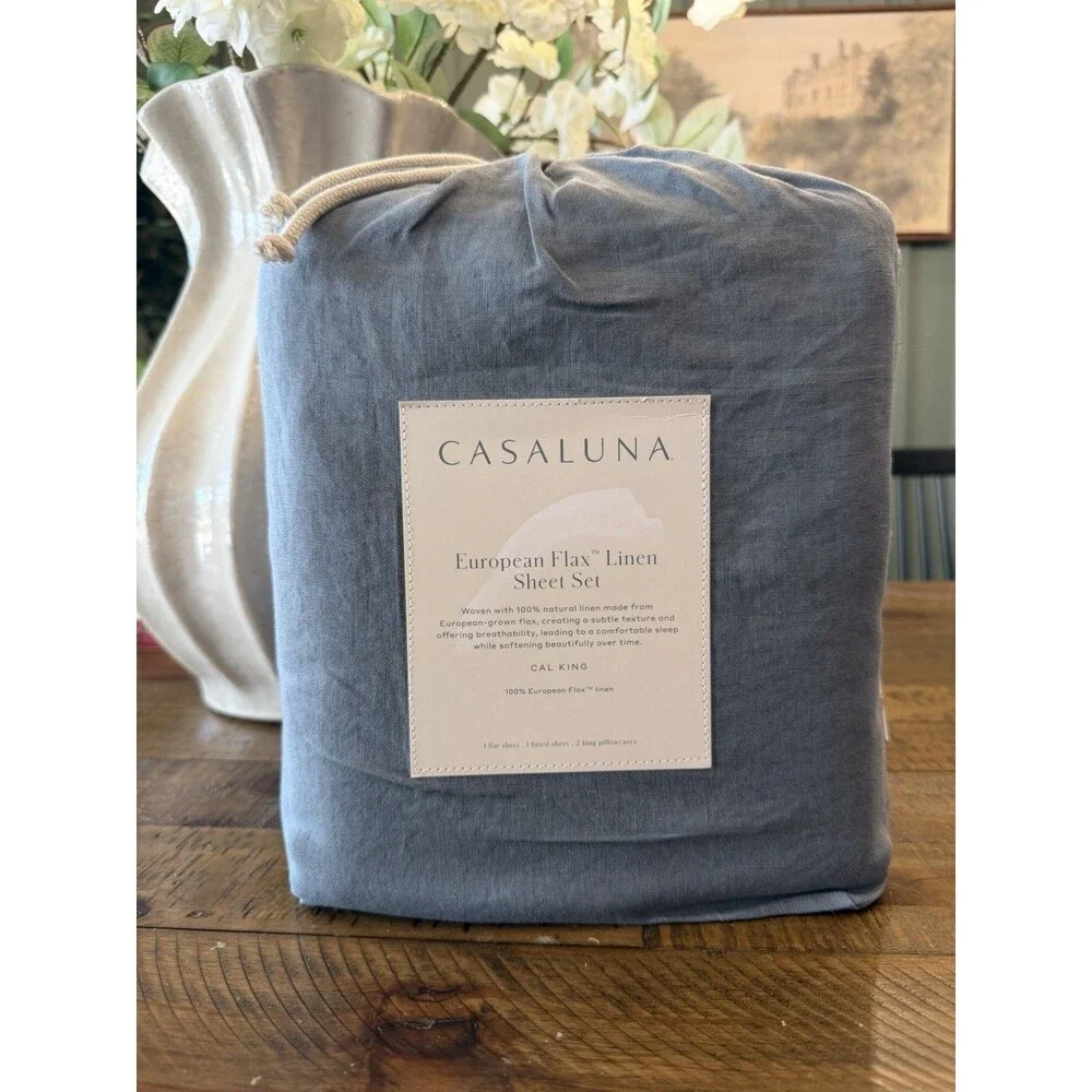 California King 100% Linen Sheet Set Mineral Blue - Casaluna NEW